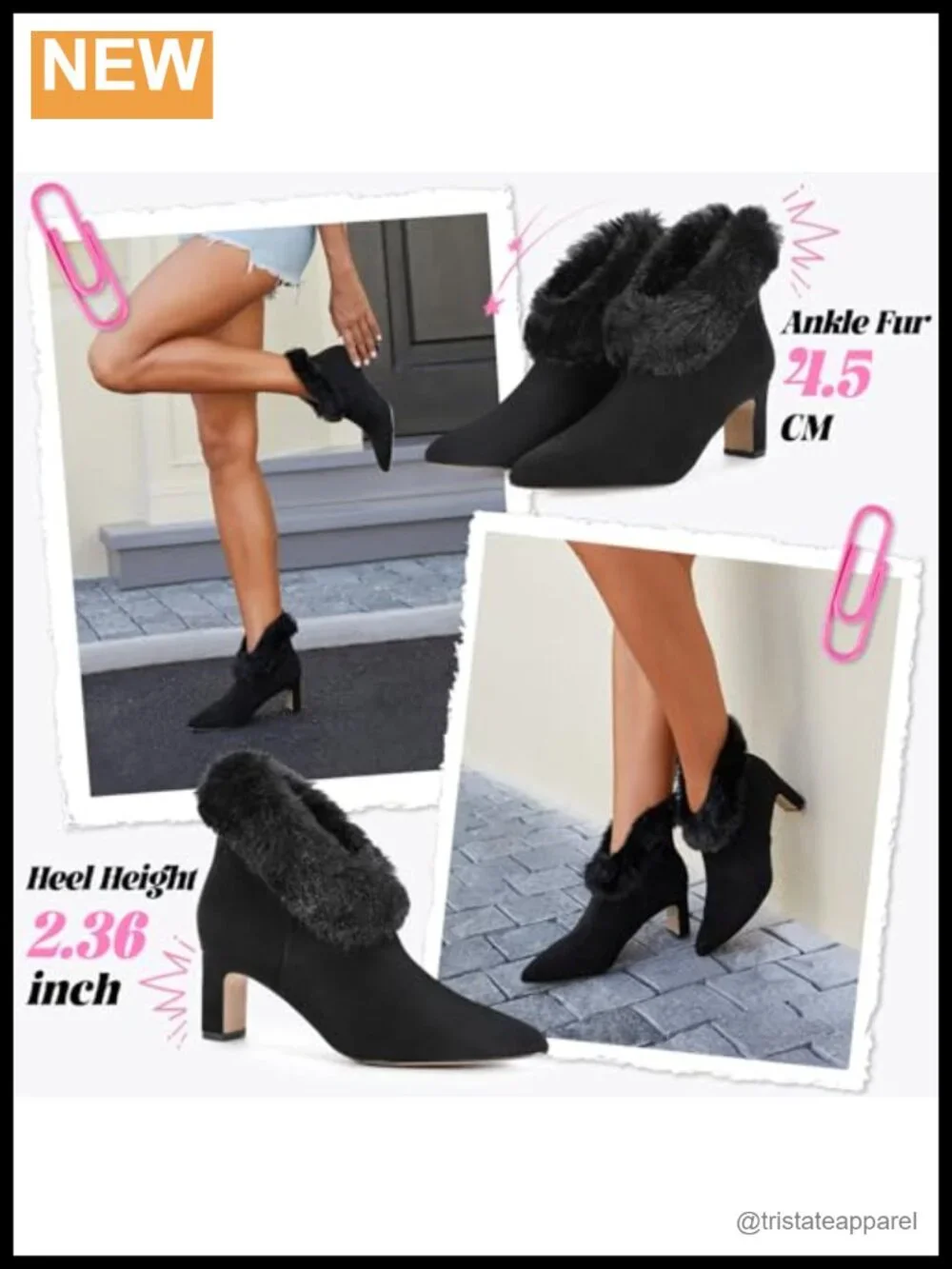 Faux Suede Ankle Booties Chunky Heel Pointed Toe Faux Fur Cuff Zip Closure